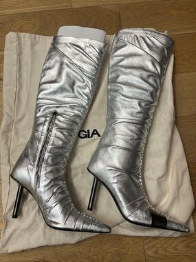GIA BORGHINI Parisi Silver Ruched Knee-High Stiletto Leather Boot